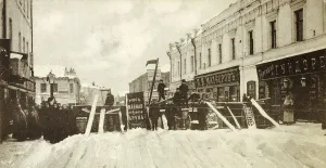 Barricade Collection: Revolutionary barricades on Seleznevskaya Street, Moscow, Russia, during the uprising in 1905