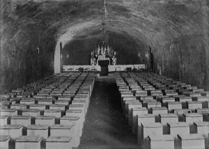 Vault Prints: Rheims, wine vault used as Chapel, between c1910 and c1915. Creator: Bain News Service