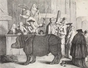 Pietro Prints: The Rhinoceros, Clara, in the foreground, her keeper holding her horn and a whip