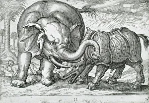 Rhino Prints: A Rhinoceros Fighting an Elephant, 1610. Creator: Hendrick Hondius I