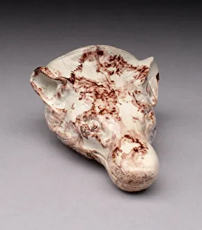 Rhyton Prints: Rhyton Cup in the form of a Fox, Staffordshire, c. 1750. Creator: Staffordshire Potteries
