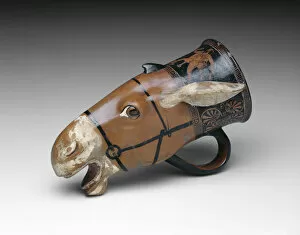 5th Century Bc Collection: Rhyton (Drinking Vessel) in the Shape of a Donkey Head, 480-470 BCE. Creator: Painter of London E 55