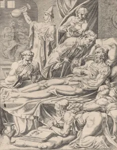 Maarten Jacobsz Van Heemskerck Gallery: The Rich Man on His Deathbed, from The Parable of Lazarus and the Rich Man, plate 2, 1551