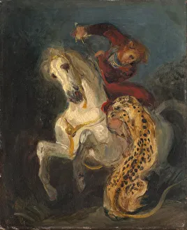 Rider Attacked by a Jaguar. Artist: Delacroix, Eugene (1798-1863) Rider Attacked by a Jaguar. Artist: Delacroix, Eugene (1798-1863)