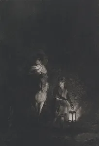 Nighttime Prints: Rider and boy with lantern, 1797. Creator: Adam von Bartsch