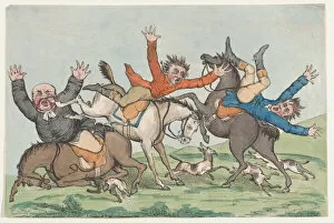 Incident Gallery: Three Riders Fall from their Mounts, 1780-1820. Creator: Unknown