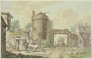 Coal Prints: Riders halting at an old tower. Creator: Unknown