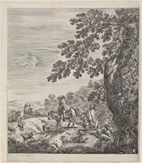 Two Riders Passing Near a Herd of Animals, 1656. Creator: Stefano della Bella Two Riders Passing Near a Herd of Animals, 1656. Creator: Stefano della Bella