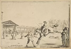 A riding school, a horseman with sword jumping directed by another man with a sword in