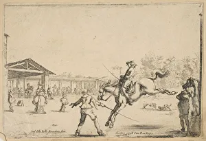A riding school, a horseman with sword jumping directed by another man with a sword in A riding school, a horseman with sword jumping directed by another man with a sword in
