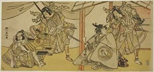 Ebizo Ichikawa Gallery: Right-Hand Page: The Actors Bando Hikosaburo III as Soga no Goro (right), and Segawa... c. 1780