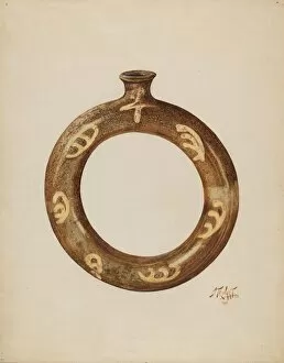 Images Dated 3rd December 2021: Ring-shaped Pottery Bottle, c. 1940. Creators: Arthur Stewart, Claude Marshall