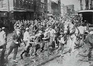 Trams Prints: Rioters charging horse-drawn car