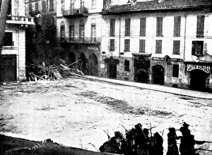 Unrest Prints: The Riots in Italy: street scenes in Milan - Bersaglieri assaulting a barricade