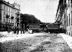 Trams Prints: The Riots in Italy: street scenes in Milan - the Corso Venezia barricaded with tramway cars