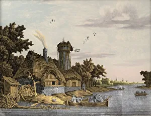 Verre Eglomise Prints: Mill along a River, 1770-1814. Creator: Jonas Zeuner