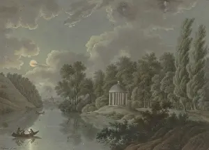 Waters Edge Prints: River area with a monopteros in the moonlight, 1811. Creator: T. Lamey