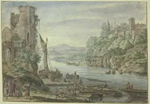 Docks Prints: River area, old tower, ships being unloaded. Creator: Herman Saftleven the Younger