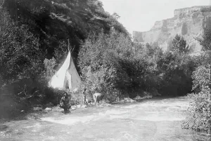 Apsaroke Prints: The river camp, c1905. Creator: Edward Sheriff Curtis