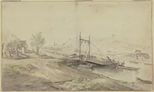 Landing Stage Prints: River ferry, houses on both sides of the river