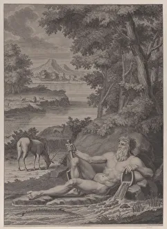 Water Jar Prints: River god in a landscape, 1725. Creator: Frederik Ottens