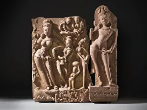 Sandstone Prints: The River Goddess Yamuna and Attendants, c.800. Creator: Unknown