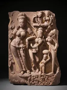 Sandstone Prints: The River Goddess Yamuna and Attendants, c.800. Creator: Unknown