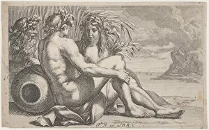 Engraving And Etching Gallery: River gods reclining before a seascape, 1651-82. Creator: François Bourlier