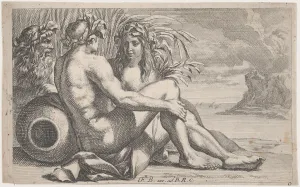 Engraving And Etching Gallery: River gods reclining before a seascape, 1651-82. Creator: François Bourlier