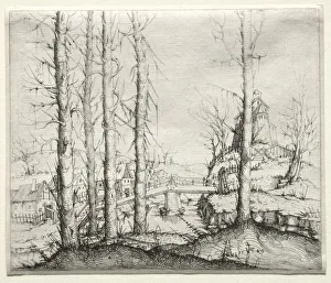 Augustin Hirschvogel German Collection: River Landscape with Five Bare Spruce Trees in the Foreground, 1549