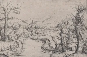 River Landscape with Three Bare Willow-Trees at Right and a Long Winding Wooden Bridge at River Landscape with Three Bare Willow-Trees at Right and a Long Winding Wooden Bridge at