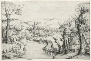 Augustin Hirschvogel German Prints: River Landscape with three bare willow-trees at right and a long winding wooden bridge