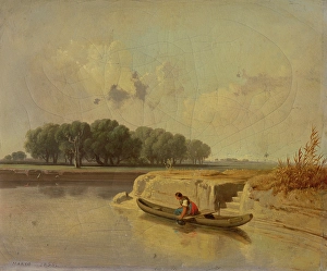 Water Jar Prints: River landscape with boat, 1866. Creator: Karol Marko