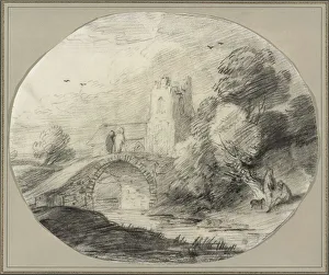 Gainsborough Thomas Prints: River Landscape with a Bridge and a Church, 1781. Creator: Thomas Gainsborough