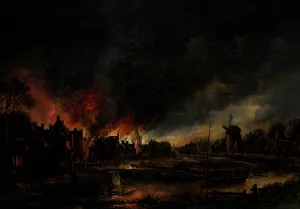 Black Smoke Prints: River Landscape with Burning Village, 1625-1650 or 1650-1675. Creator: Aert van der Neer