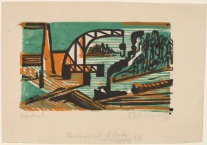 Die Brucke Gallery: River Landscape with Crane and Barges, 1927. Creator: Ernst Kirchner