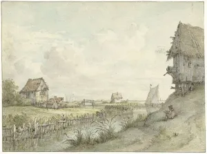 Draftsman Prints: River landscape with draftsman sketching between huts, 1776-1822. Creator: Jan Hulswit