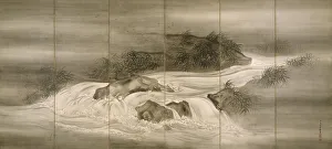 Byobu Gallery: River Landscape with Fireflies, 1874. Artist: Bunrin, Shiokawa (1808-1877)