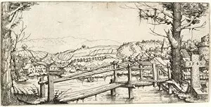 Etching On Laid Paper Gallery: River Landscape with a Footbridge, 1546. Creator: Augustin Hirschvogel