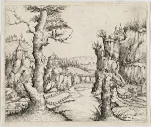 Etching On Laid Paper Gallery: River Landscape with High Cliffs, 1546. Creator: Augustin Hirschvogel