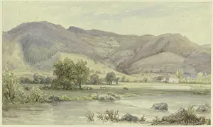 River landscape with high mountains, mid-late 19th century. Creator: Karl Peter Burnitz
