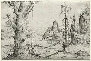 Augustin Hirschvogel German Collection: River landscape with large tree at left, 1546. Creator: Augustin Hirschvogel (German, 1503-1553)