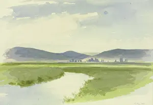 Water Surface Prints: River landscape, mountains in the background, 1860. Creator: Carl Theodor Reiffenstein