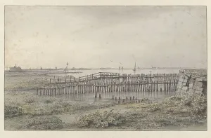 Breakwater Prints: River landscape with palisades, 1805-1862. Creator: Joannes Dijkhoff