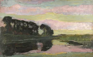 De Stijl Prints: River landscape with pink and yellowgreen sky