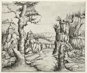 Augustin Hirschvogel German Collection: River Landscape with rocks at left ana at right, 1546. Creator: Augustin Hirschvogel (German)