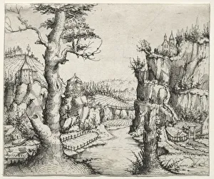 Augustin Hirschvogel German Prints: River Landscape with rocks at left ana at right