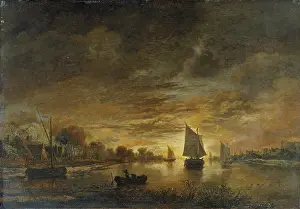 Seascape Prints: River Landscape with Ships at Moonrise, c1660-1670. Creator: Aert van der Neer