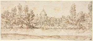Giovanni Francesco Grimaldi Prints: River Landscape with View of St. Peters Basilica, after 1660