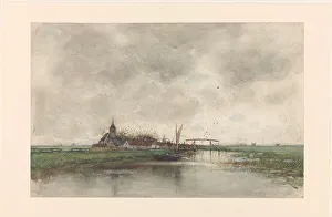 Drawbridge Prints: River landscape with a view of a village